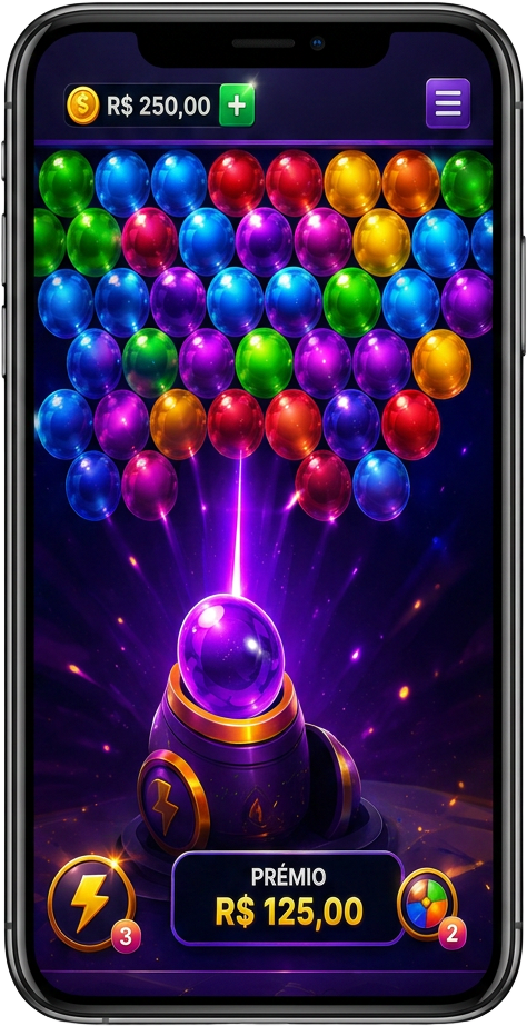 Celular exibindo uma partida de Bubble Blast com prêmio em reais
